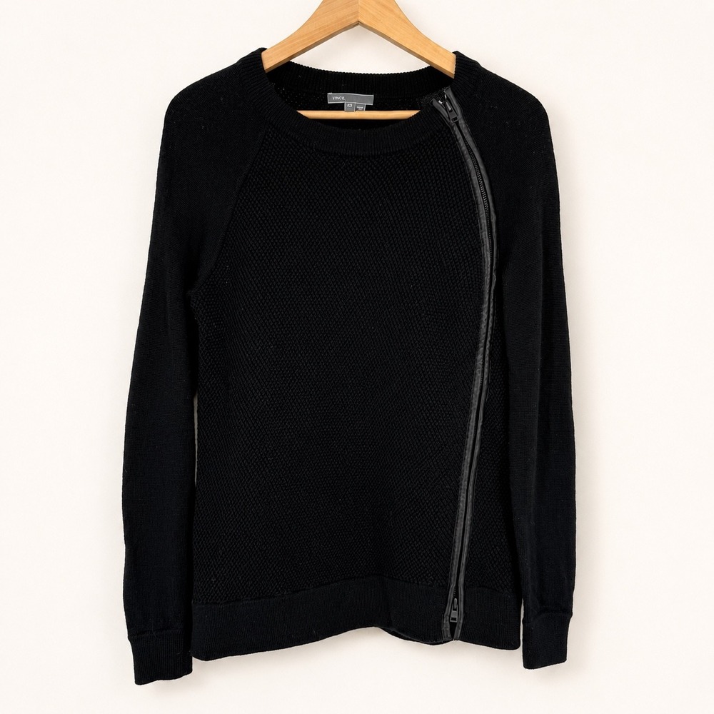 Vince Women XS Wool Sweater Black Asymmetric Leather Side Zip Capsule Edgy Luxe